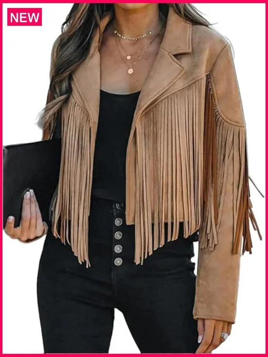 Faux Suede Leather Cropped Jacket with Fringe Tassel Western Style - Picture 1 of 6